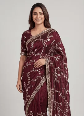 Chiffon Satin Embroidered Work Traditional Saree in Maroon