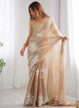 Embroidered Work Organza Classic Saree in Beige for Women
