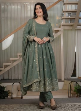 Crunchy Silk Anarkali Suit with Embroidered Work for Festival in Sea Green