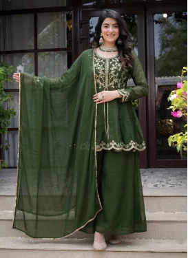 Crunchy Silk Palazzo Suit with Embroidered Work in Olive