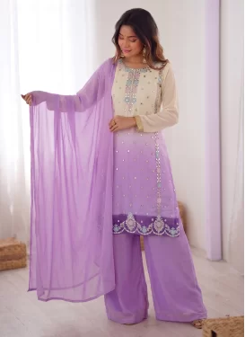 Embroidered Work Georgette Palazzo Suit in Cream and Violet for Festival