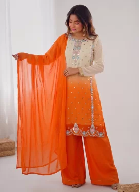 Cream and Orange Georgette Embroidered Work Palazzo Suit for Women