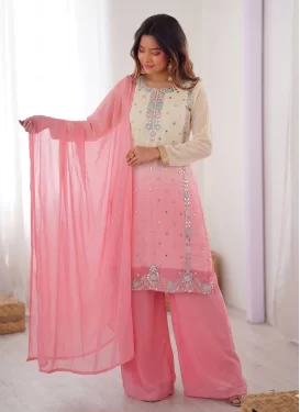 Georgette Palazzo Suit with Embroidered Work for Women in Cream and Hot Pink