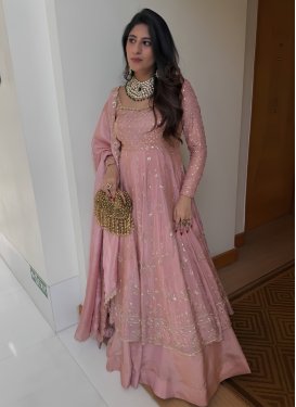 Fendi Silk Readymade Salwar Suit with Embroidered Work for Festival in Salmon