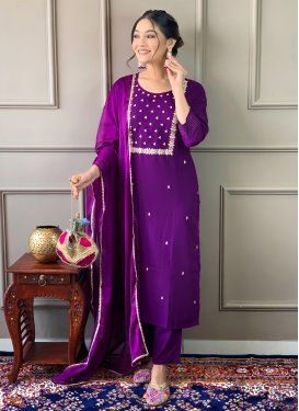 Rayon Readymade Salwar Suit with Embroidered Work for Festival in Purple