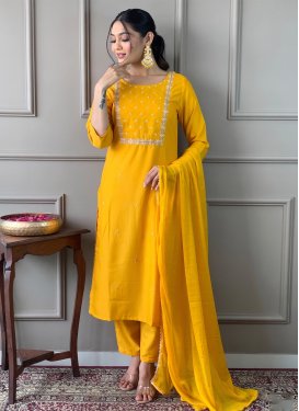 Rayon Readymade Salwar Suit with Embroidered Work for Ceremonial in Mustard