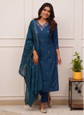 Chanderi Silk Readymade Salwar Suit with Embroidered Work in Teal