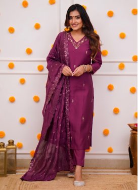 Embroidered Work Chanderi Silk Readymade Salwar Suit in Fuchsia for Women