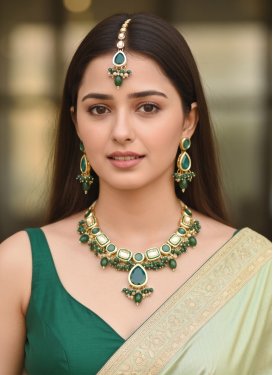 Brass Gold Rodium Polish Green and White Beads Work Necklace Set