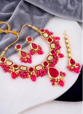 Rose Pink and White Beads Work Necklace Set