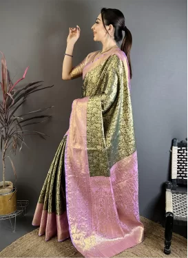Lavender and Olive Kanjivaram Silk Woven Work Traditional Saree for Women
