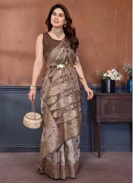 Woven Work Cotton Silk Classic Saree in Brown and Grey for Women