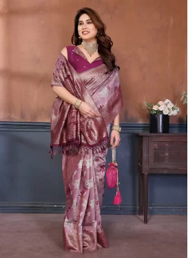 Cotton Silk Traditional Saree in Mauve and Wine with Woven Work for Casual