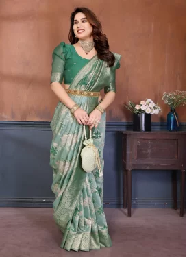 Woven Work Cotton Silk Trendy Saree in Aqua Blue and Green for Women
