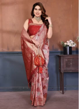 Cotton Silk Trendy Saree with Woven Work in Red and Salmon for Casual