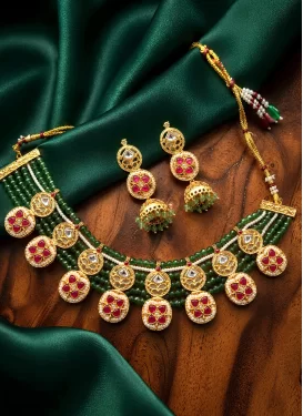 Gold Rodium Polish Beads Work Multi Colour Necklace Set for Ceremonial