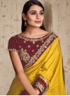 Tussar Silk Wine and Yellow Embroidered Work Designer Traditional Saree - 1