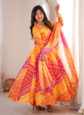 Organza Anarkali Suit in Multi Colour with Bandhani Print Work for Women