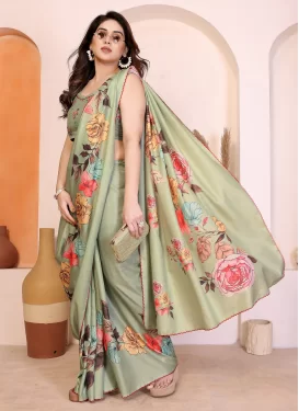 Digital Print Work Silk Blend Traditional Saree in Sea Green for Casual