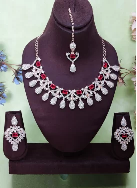 Gold Rodium Polish Rose Pink and White Stone Work Necklace Set