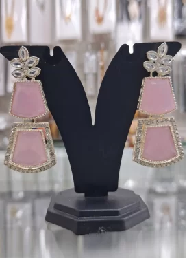 Alloy Gold Rodium Polish Stone Work Pink and White Earrings