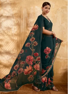 Bottle Green Georgette Digital Print Work Classic Saree for Women