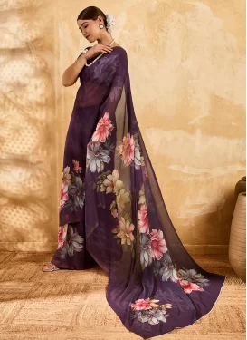 Georgette Classic Saree in Purple with Digital Print Work for Women