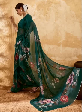 Georgette Trendy Saree with Digital Print Work in Bottle Green