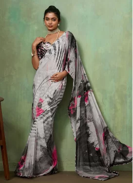 Digital Print Work Georgette Traditional Saree in Grey for Women