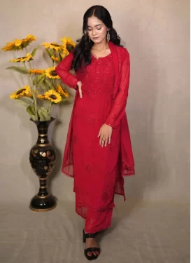 Georgette Palazzo Suit with Embroidered Work in Red