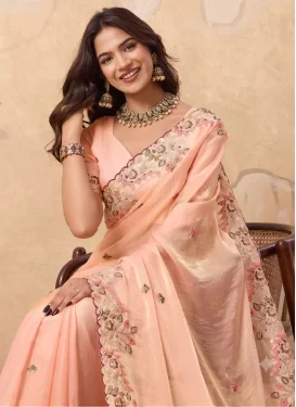 Embroidered Work Chiffon Satin Classic Saree in Peach for Women