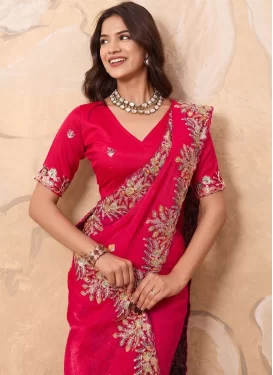 Chiffon Satin Traditional Saree with Embroidered Work in Rose Pink