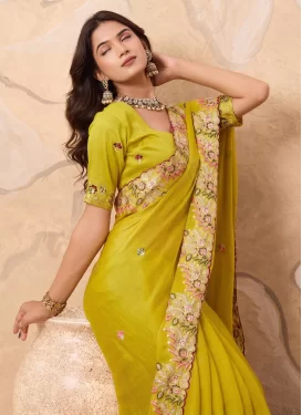 Chiffon Satin Traditional Saree in Yellow with Embroidered Work for Festival
