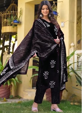 Digital Print Work Rayon Readymade Salwar Suit in Black for Women