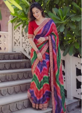 Bandhani Print Work Georgette Traditional Saree in Multi Colour for Women