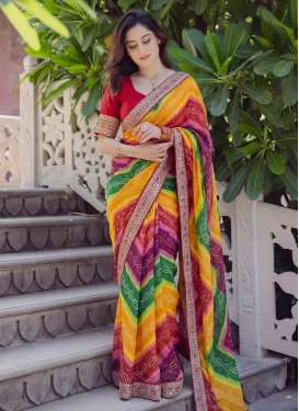Multi Colour Georgette Traditional Saree with Bandhani Print Work for Ceremonial