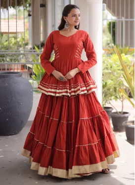 Gota Patti Work Cotton Readymade Lehenga Choli in Tomato for Women