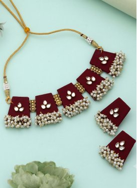Beads Work Maroon and White Alloy Necklace Set
