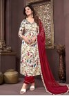 Cream and Red Reyon Readymade Designer Suit - 1