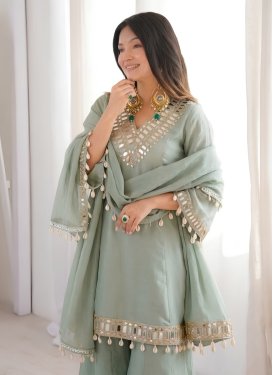 Chinon Palazzo Suit with Mirror Work in Sea Green for Party