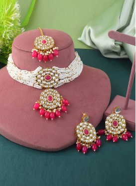 Alloy Beads Work Rose Pink and White Necklace Set