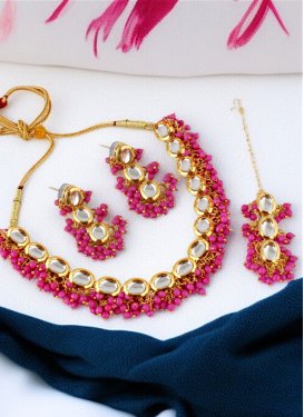 Gold Rodium Polish Beads Work Brass Rose Pink and White Necklace Set For Festival