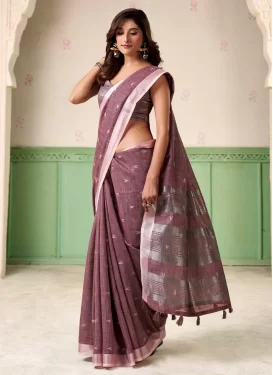 Violet Linen Traditional Saree with Woven Work for Ceremonial