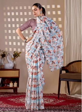 Digital Print Work Silk Georgette Trendy Saree in Off White for Women