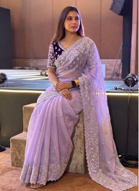 Organza Classic Saree with Embroidered Work for Women in Violet