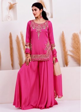Embroidered Work Palazzo Suit For Ceremonial in Rose Pink