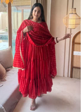 Brocade Anarkali Suit with Resham Work in Red