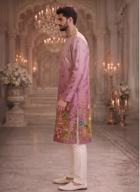 Cotton Kurta Pajama with Digital Print Work for Festival in Mauve Pink and Off White