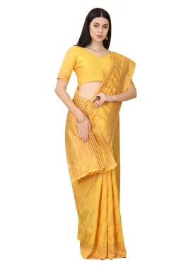 Woven Work Lichi Silk Traditional Saree in Mustard for Women