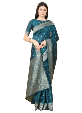 Woven Work Lichi Silk Traditional Saree in Teal for Casual
